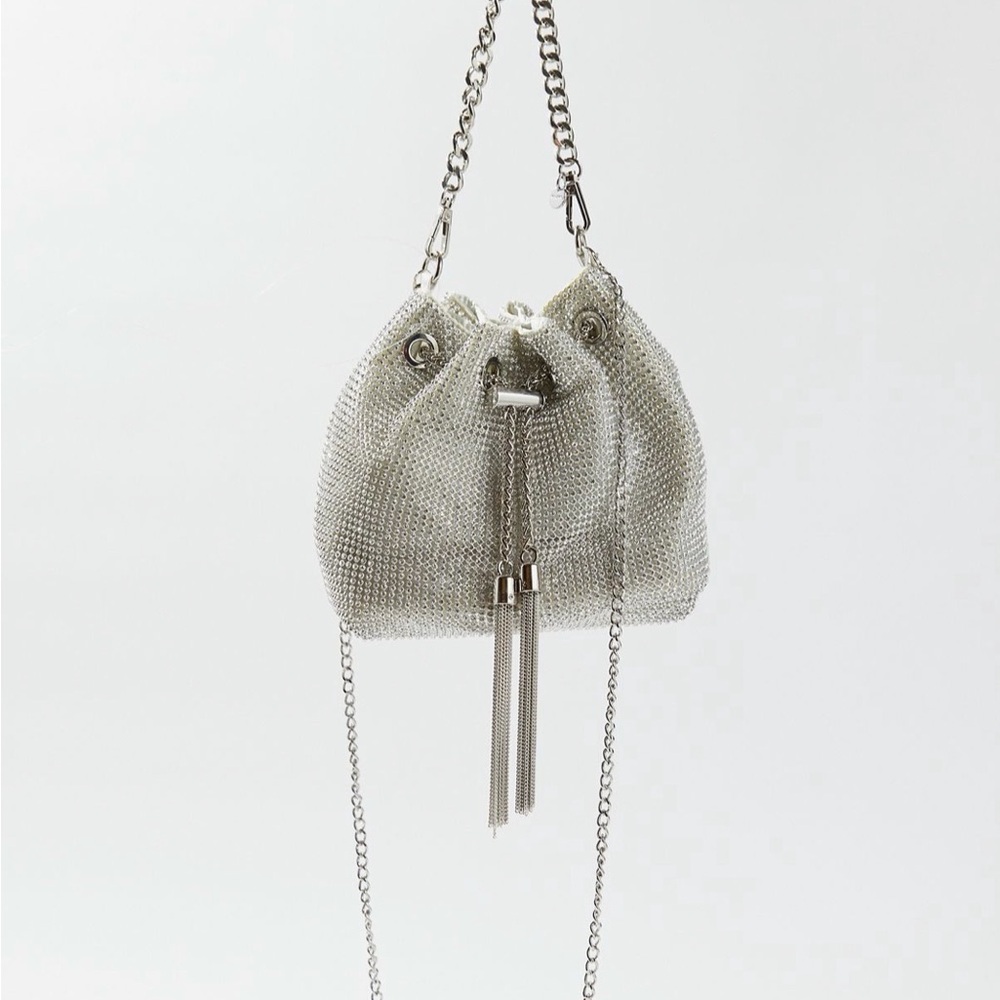 Olga Berg Silver Embedded Crystal Mesh Bag | glitter, sparkle